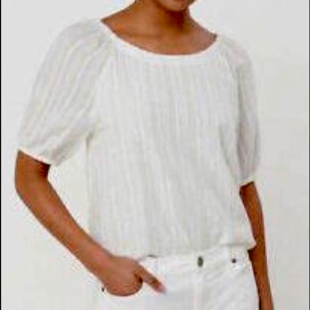 LOFT Puff Sleeve White Shimmer Stripe Top Small